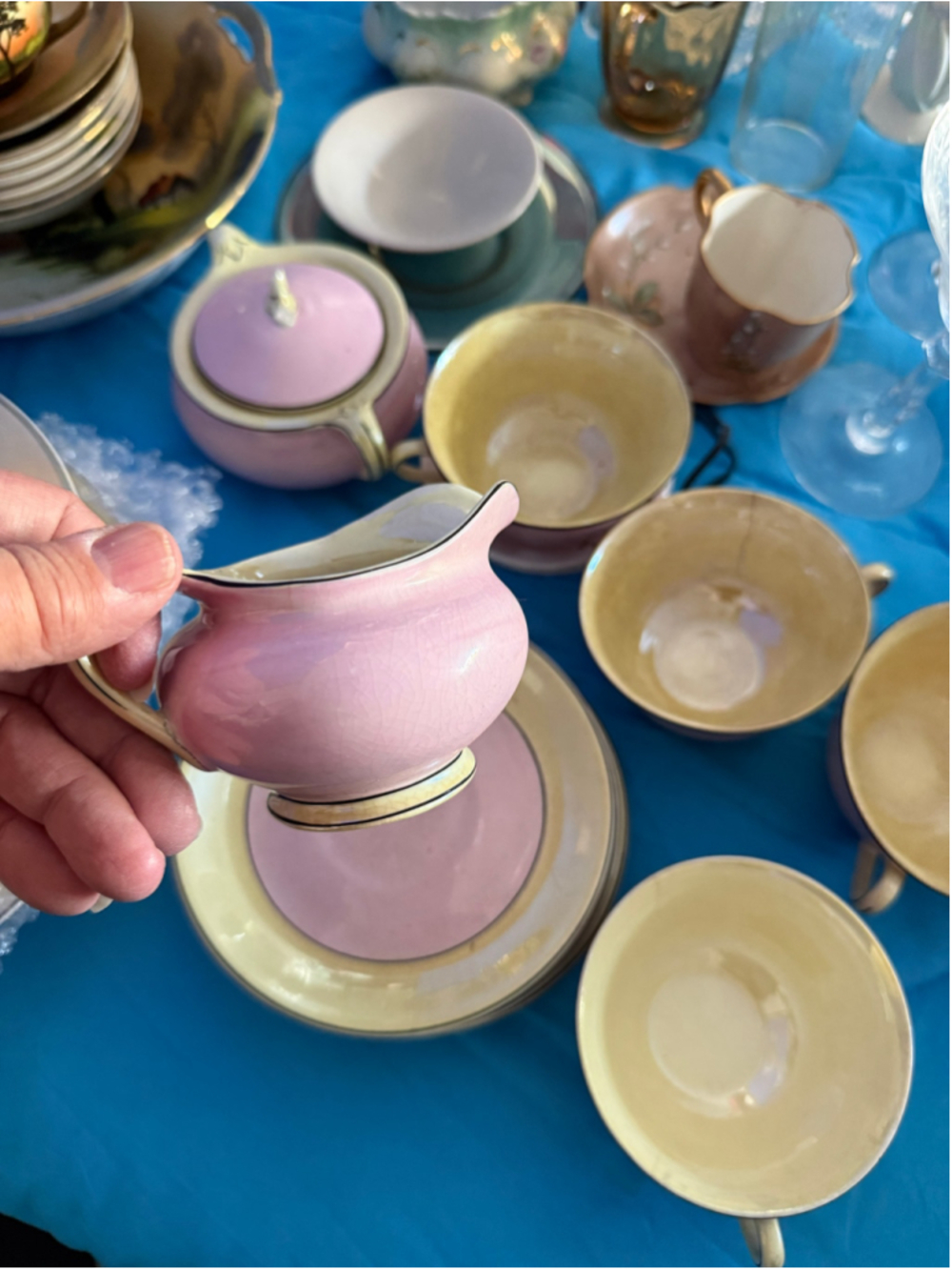 Antique 1920’s Pink and Yellow Tea Set with Creamer and Cups